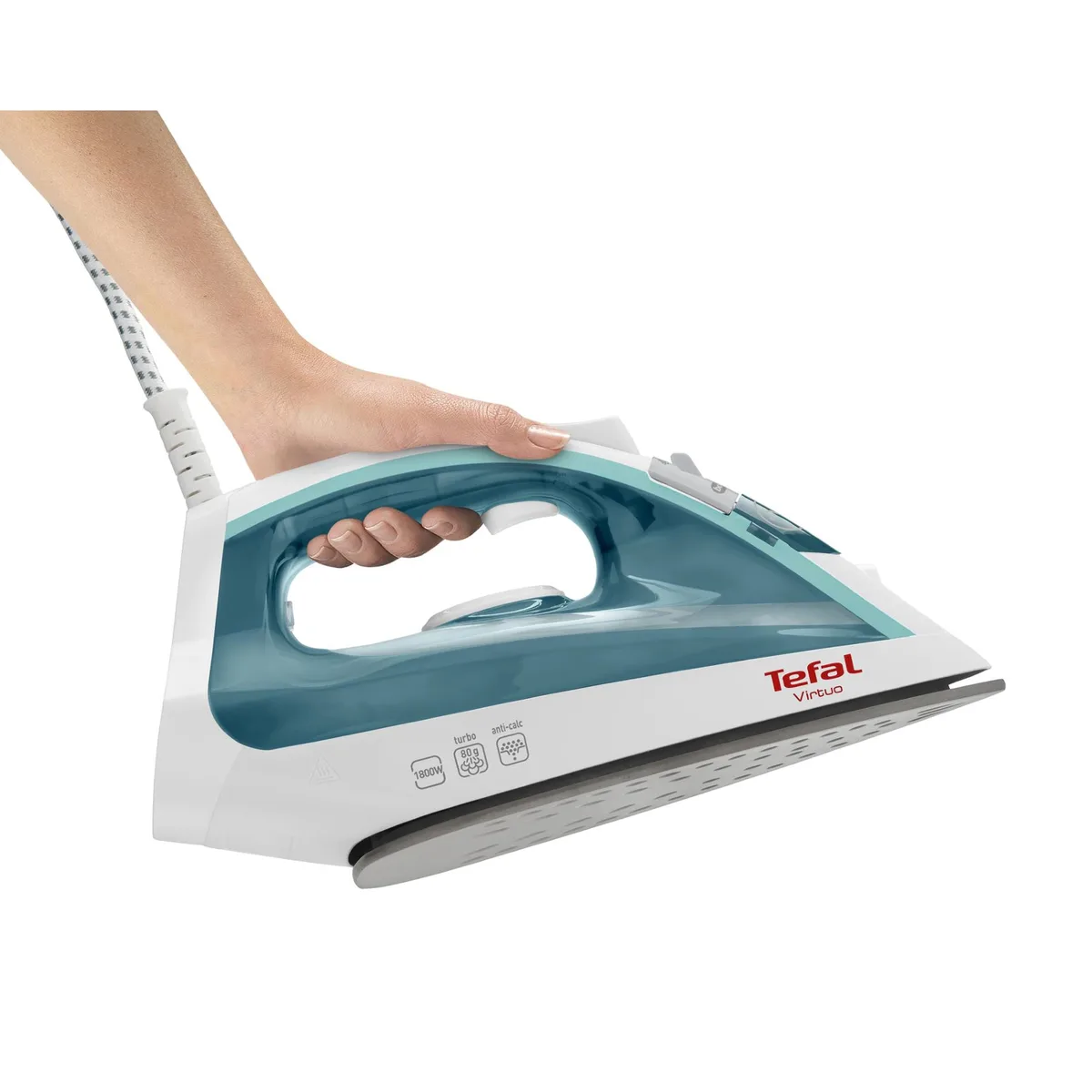 Пароутюг Tefal Virtuo, 1800Вт, 200мл, потужний паровий удар -80°C, постійна подача пари - 24г/хв, керамічна підошва, біло-бірюзово