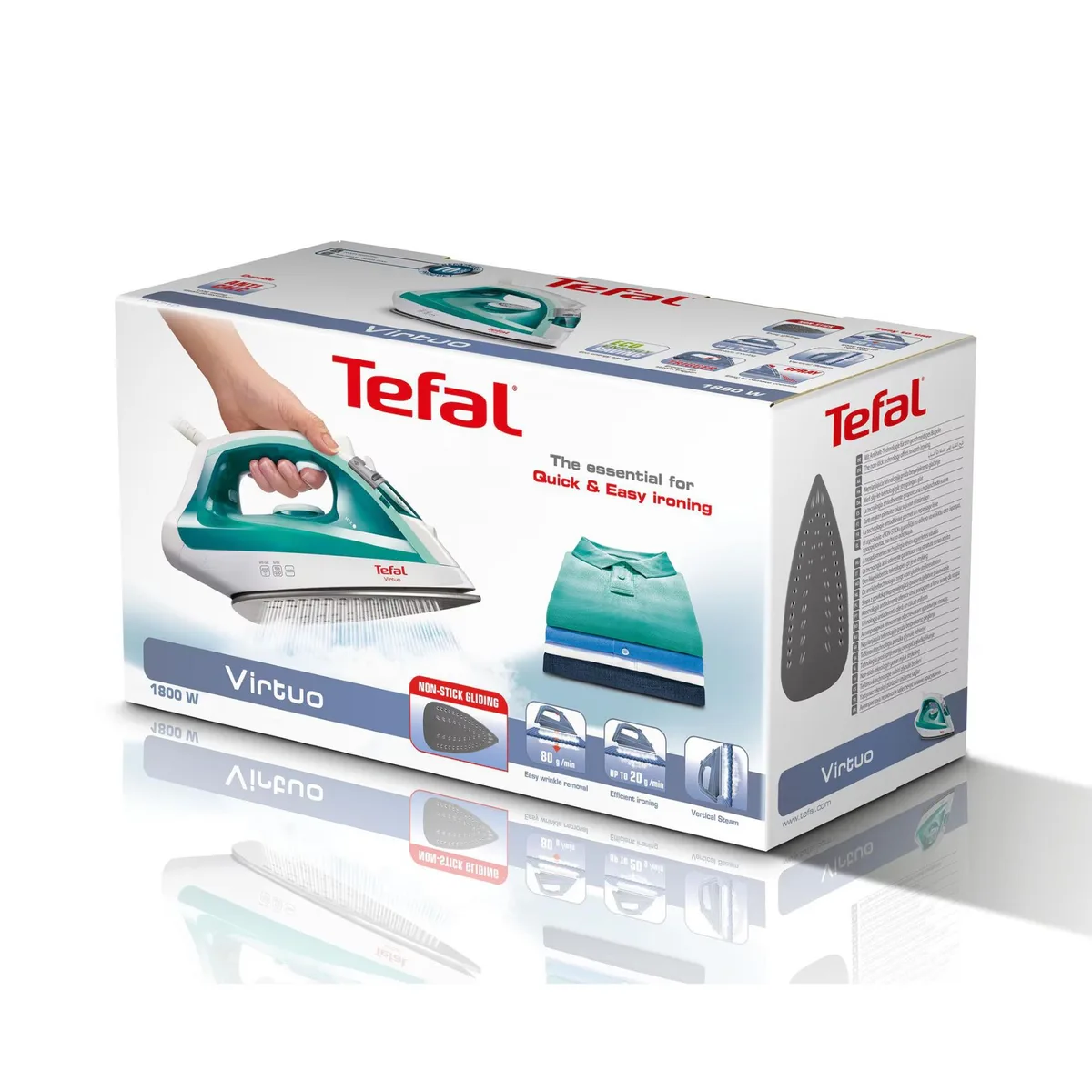 Пароутюг Tefal Virtuo, 1800Вт, 200мл, потужний паровий удар -80°C, постійна подача пари - 24г/хв, керамічна підошва, біло-бірюзово