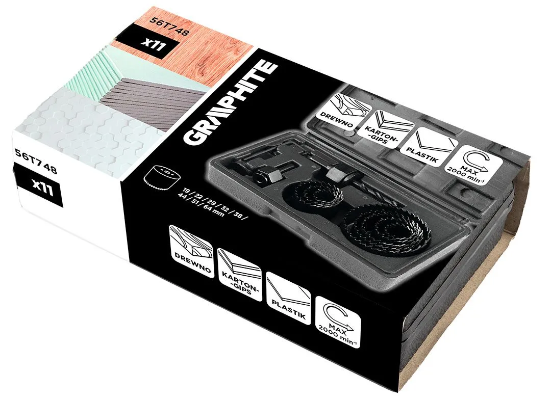 Коронки для свердління дерева GRAPHITE 19-64 мм, 2 адаптери, комплект у кейсі 12 шт.