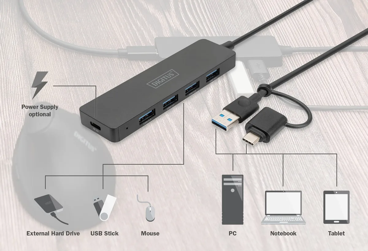 Хаб DIGITUS USB 3.0 4 порти 1,2 м чорний