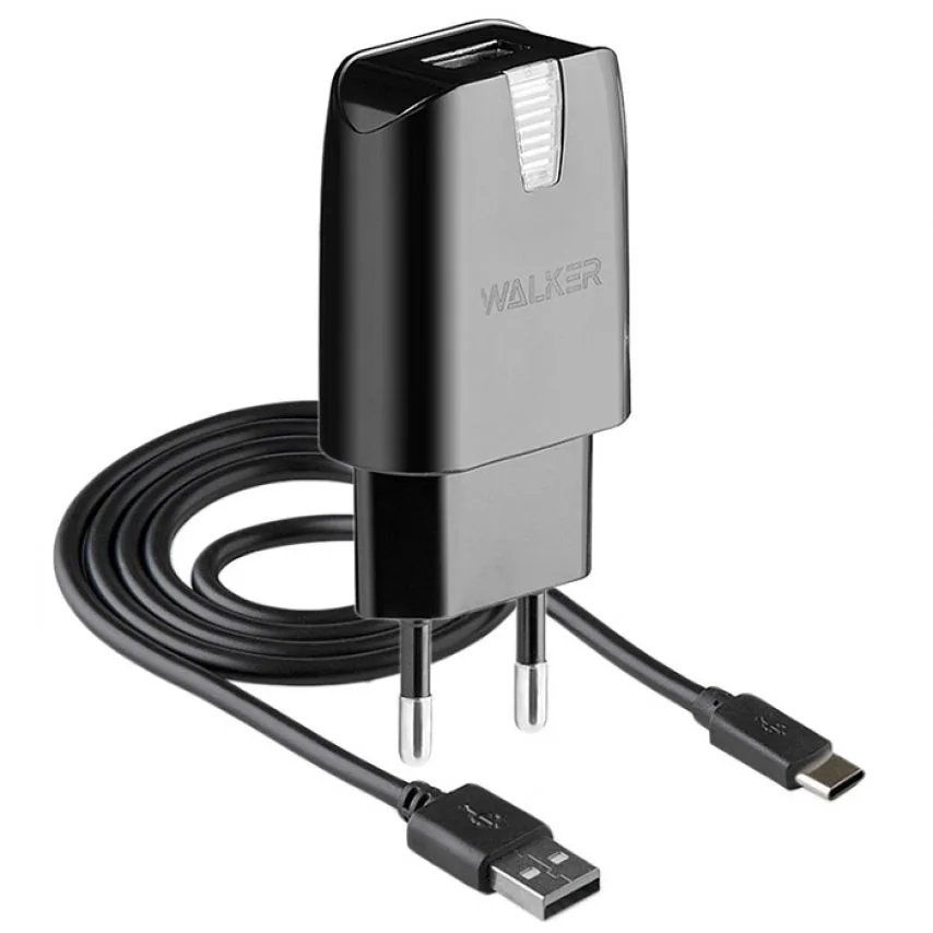 Мережевий зарядний пристрій 2в1 WALKER пластик 1USB 2,1A чорний