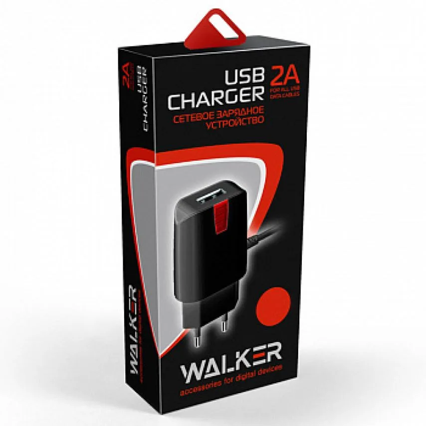 Сетевой зарядное устройство 2в1 WALKER пластик 1USB 2,1A черный