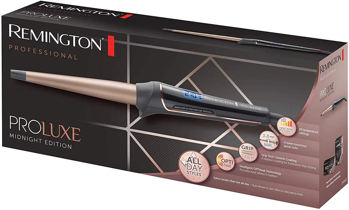 Конусная плойка Remington ProLuxe Midnight Edition, 37Вт, 10 температурных режимов, диаметр 13-25 мм, 120-210°C, с дисплеем, керамическое покрытие