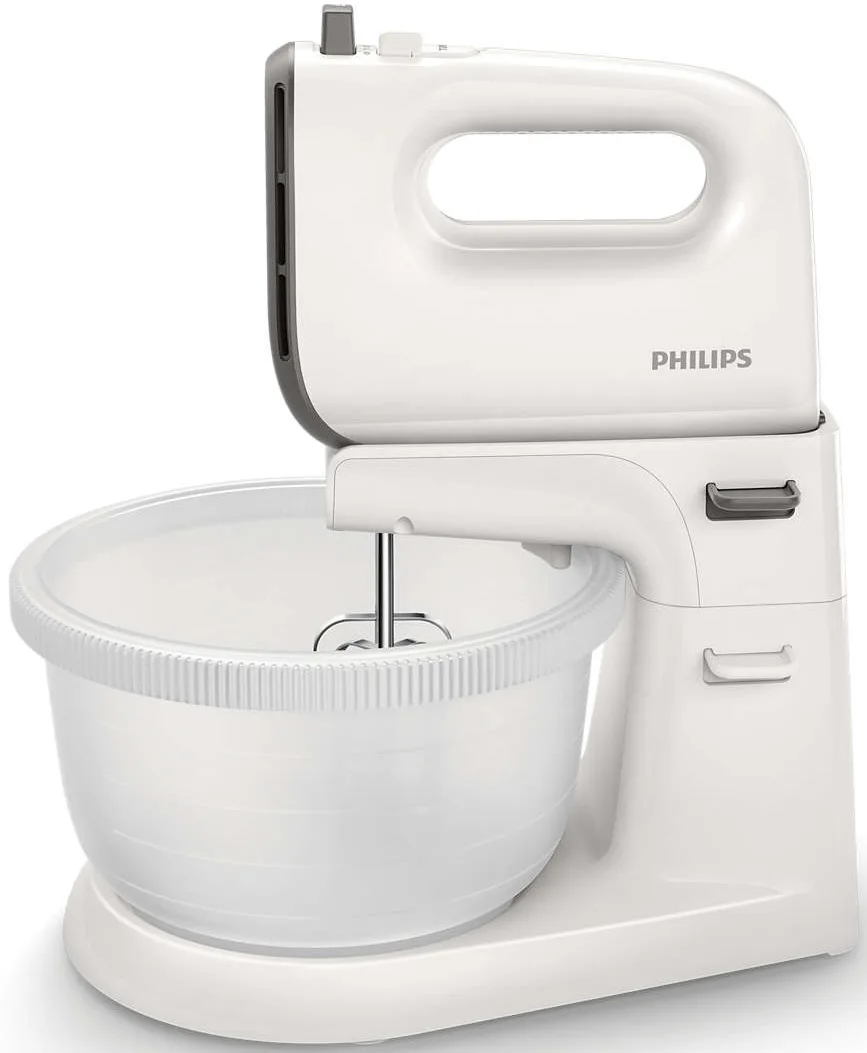 Міксер Philips стаціонарний Viva Collection 450Вт, 4 насадки, 3-літрова пластикова чаша, біло-сірого кольору.
