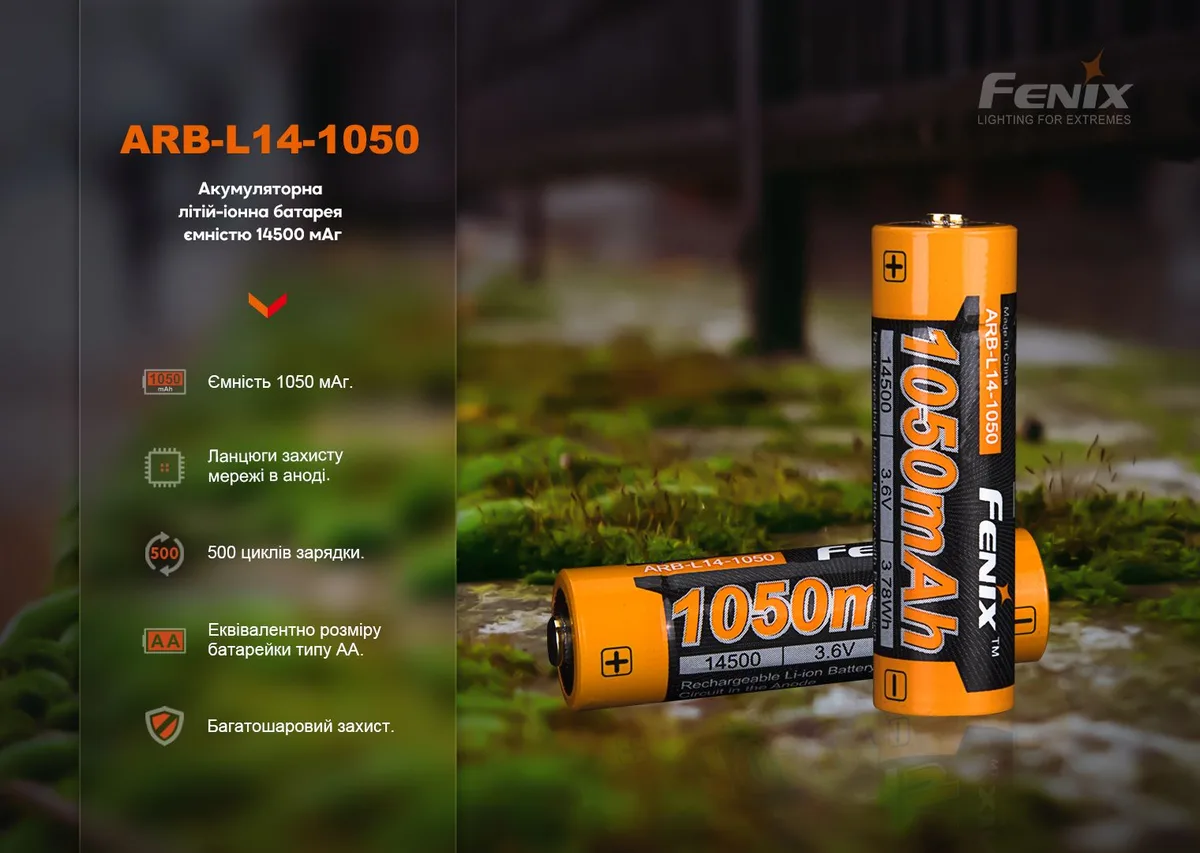 Акумулятор Fenix Li-ion 1050 мАг 50,5х14,6 мм Сталь