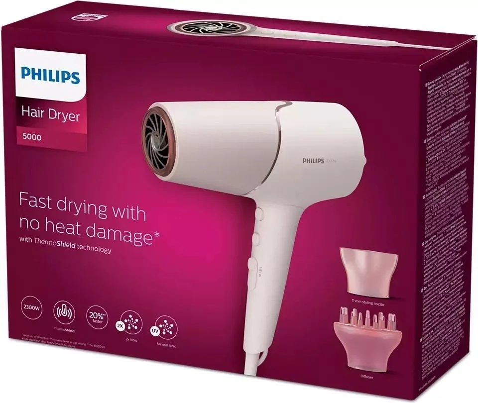 Фен Philips 5000 Series 2300 Вт 3 режими дифузор іонізація біло-рожевий