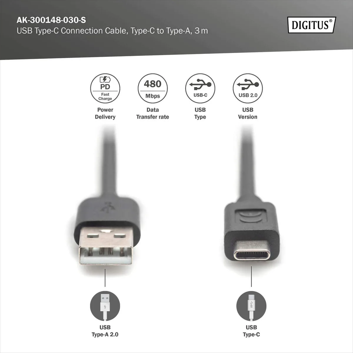 Кабель DIGITUS USB-A до USB-C 3 м чорний