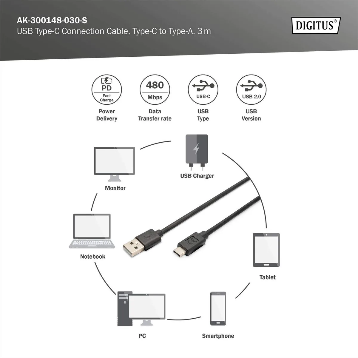 Кабель DIGITUS USB-A до USB-C 3 м чорний