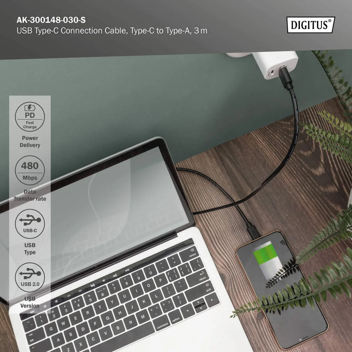 Кабель DIGITUS USB-A до USB-C 3 м чорний