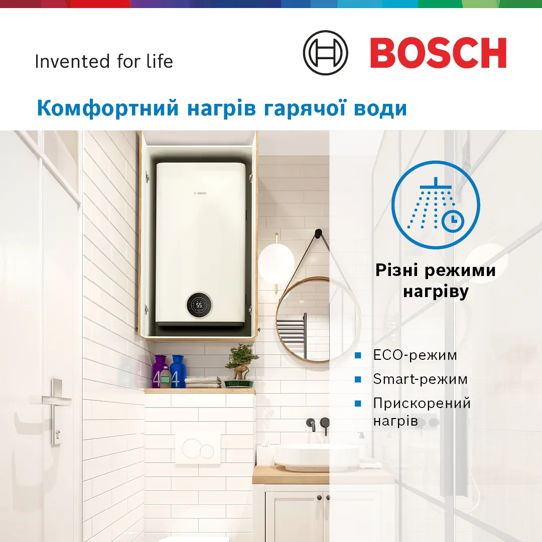 Электрический водонагреватель BOSCH плоский Slim Tronic 4500, 50 литров, 15 кВт, универсальный монтаж, электронное управление, класс B, белый