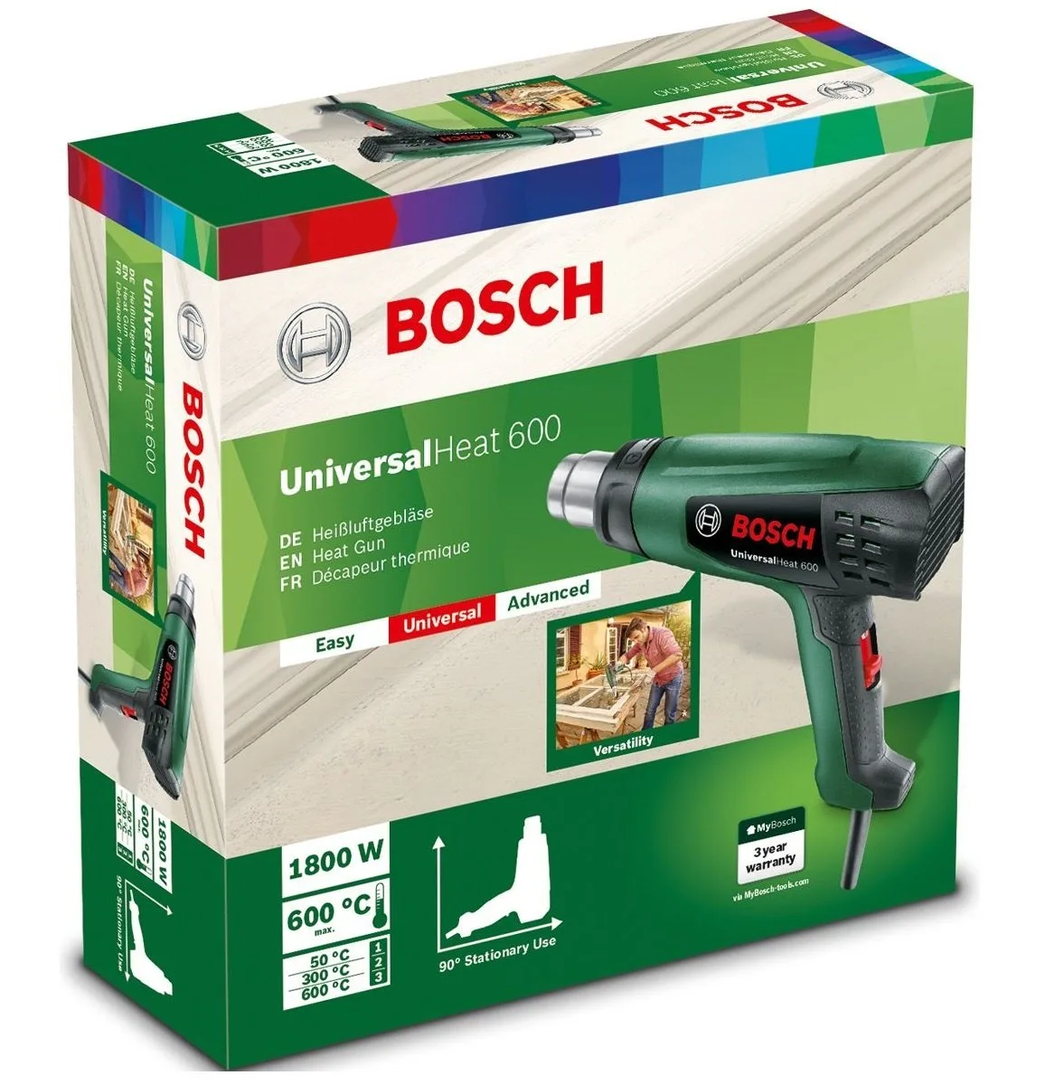 Фен для будівництва Bosch UniversalHeat 600, 1800 Вт, температури 50/300/600°C, продуктивність 200/350/500 л/хв, вага 0,53 кг.