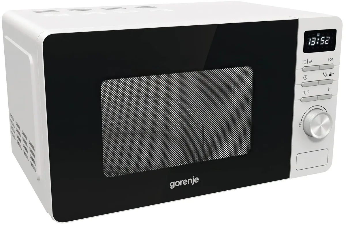 Мікрохвильова піч Gorenje, об'ємом 20 літрів, електронне керування, потужність 800 Вт, з дисплеєм, біла.