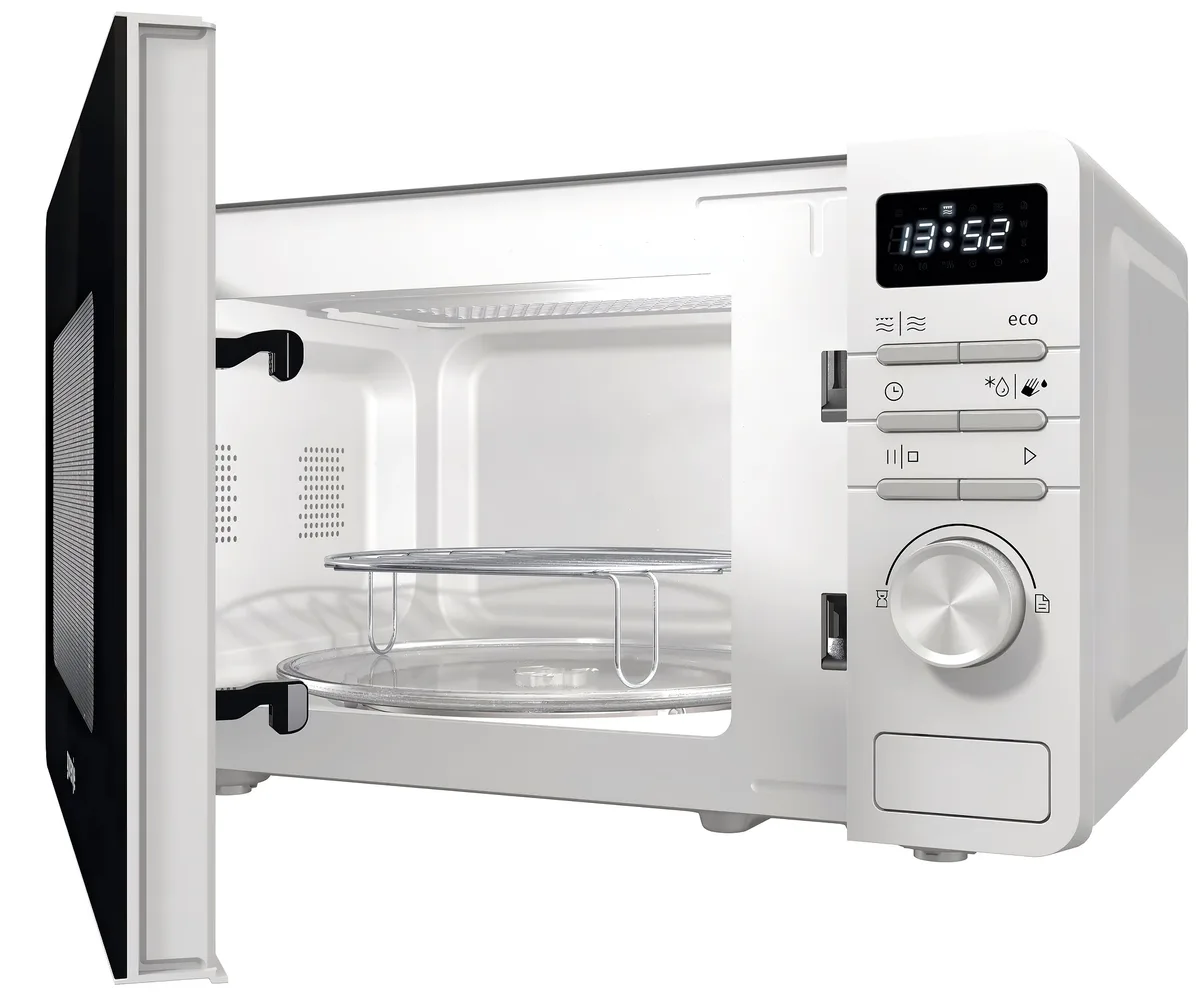 Мікрохвильова піч Gorenje, об'ємом 20 літрів, електронне керування, потужність 800 Вт, з дисплеєм, біла.