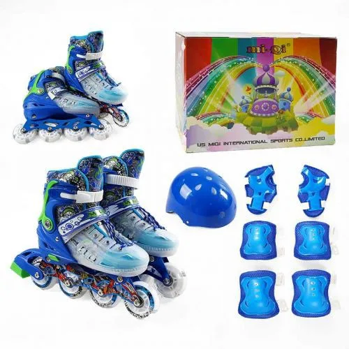 Ролики с подсветкой Best Roller синий 34-38 для детей с защитой и шлемом.