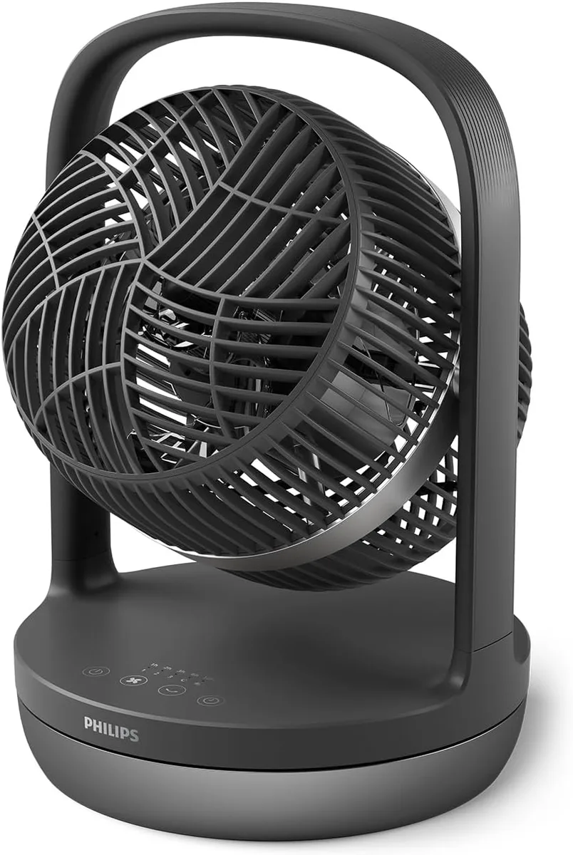 Настільний вентилятор Philips Series 3000, 22 см, 27 Вт, з таймером і 180-градусним поворотом, чорного кольору.