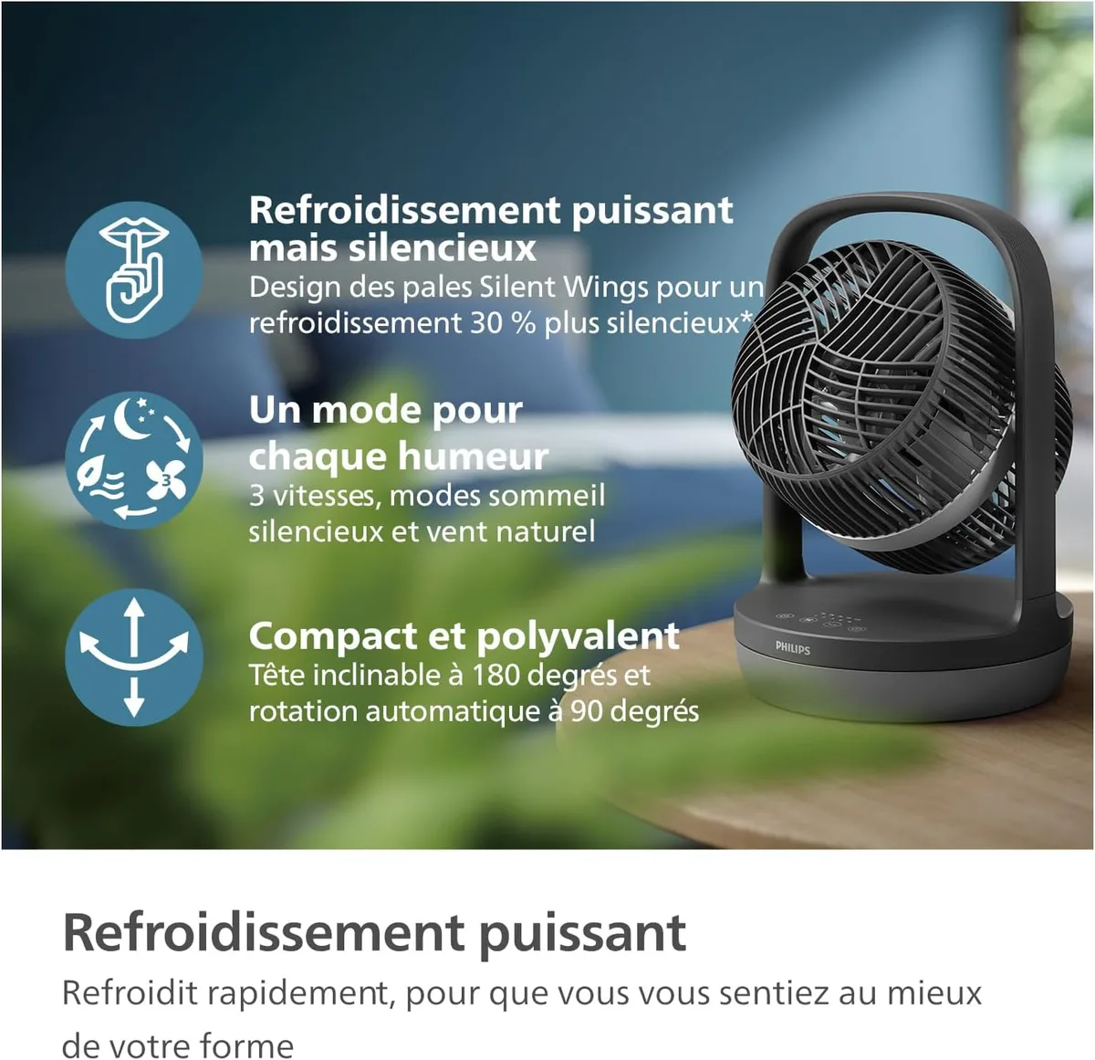 Настільний вентилятор Philips Series 3000, 22 см, 27 Вт, з таймером і 180-градусним поворотом, чорного кольору.