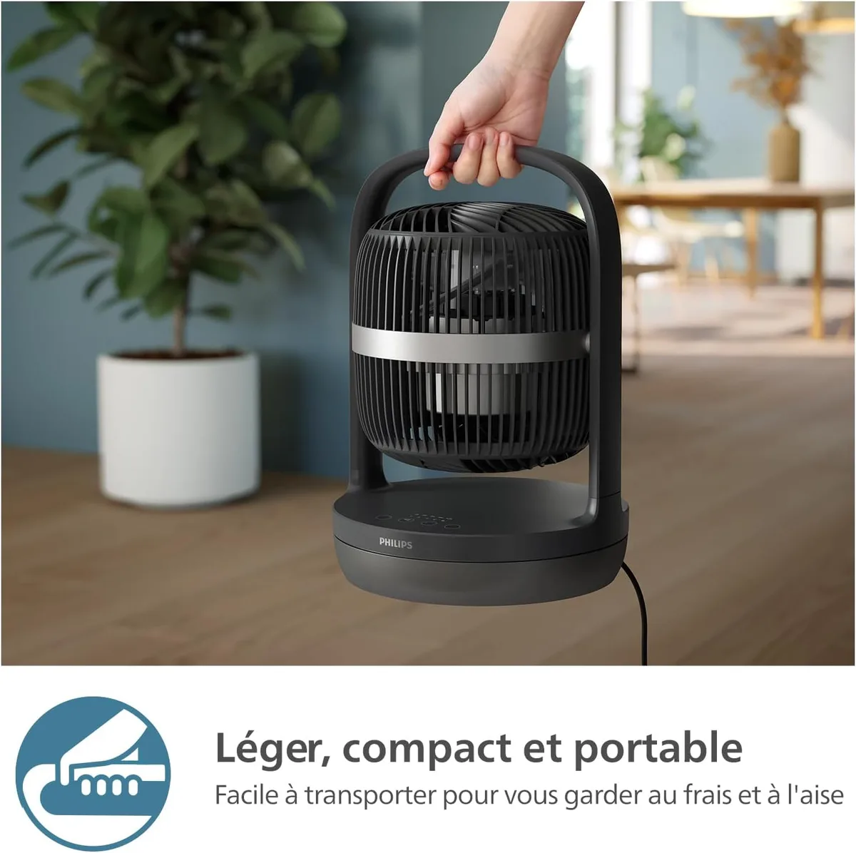 Настільний вентилятор Philips Series 3000, 22 см, 27 Вт, з таймером і 180-градусним поворотом, чорного кольору.