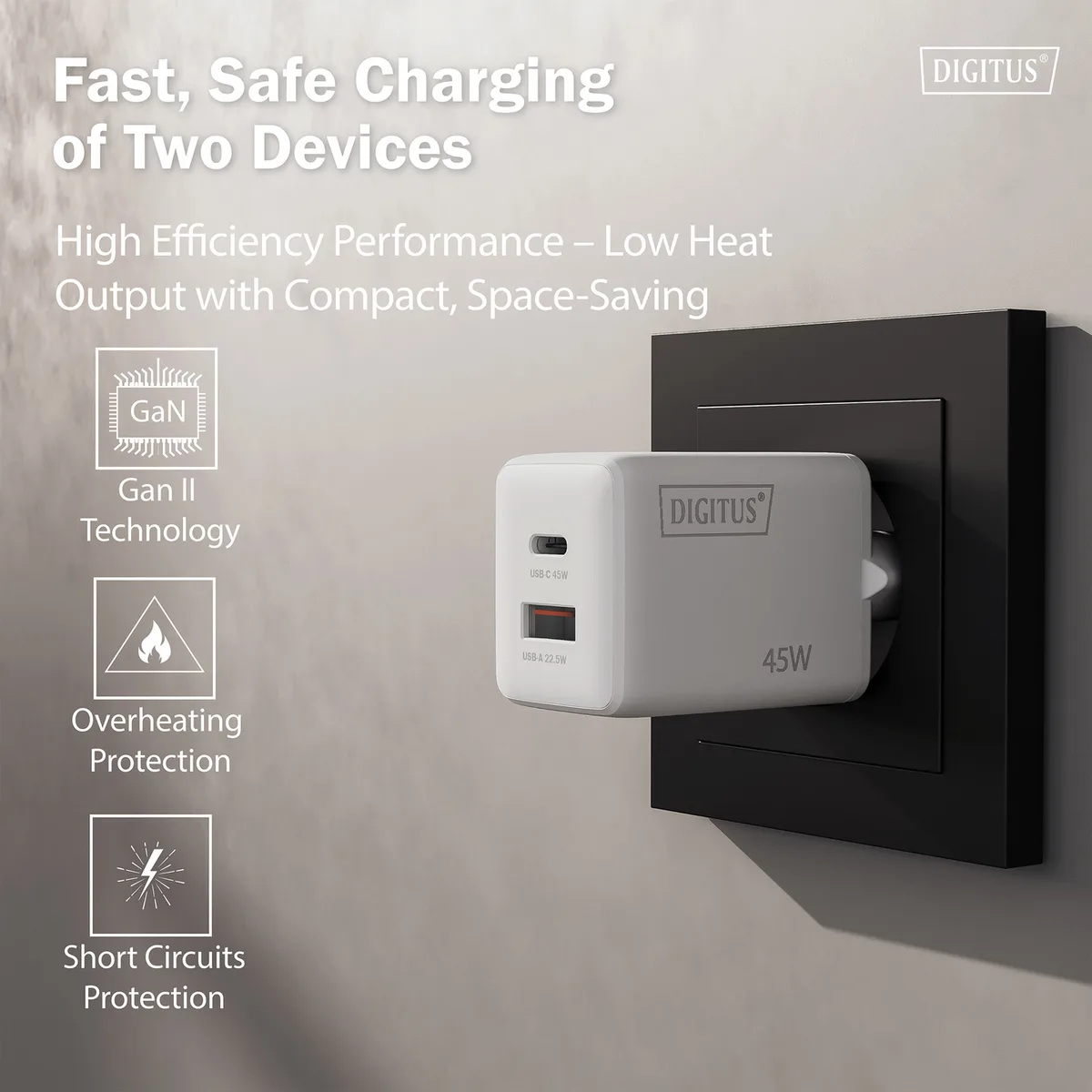 Зарядний пристрій DIGITUS GaN 1хUSB-C, 1хUSB-A, 45W