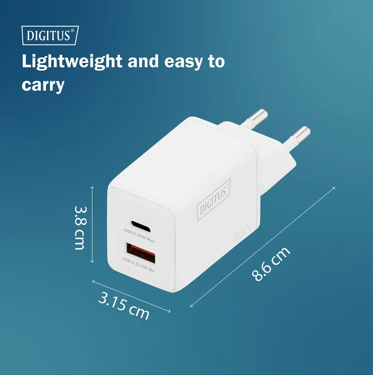 Зарядний пристрій DIGITUS GaN 1хUSB-C, 1хUSB-A, 45W