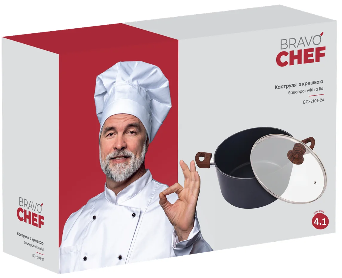 Каструля Bravo Chef алюмінієва 24 см чорна з кришкою 4,1 л