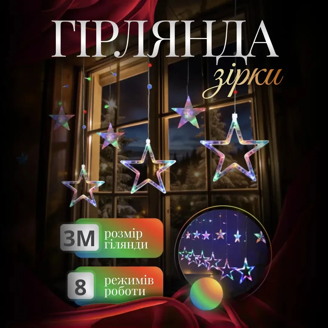 Електрична гірлянда штора 3х0,9 м різнокольорова для вікна фотозон