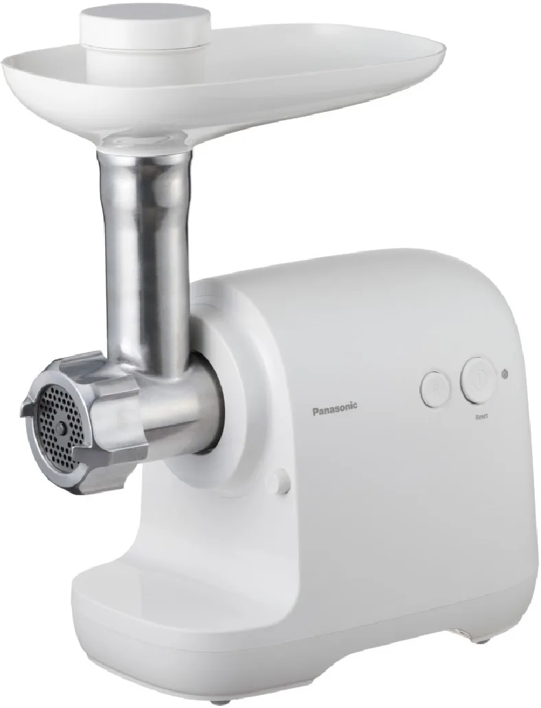 М'ясорубка Panasonic, 1700 Вт, продуктивність 3 кг/хв, 3 насадки, ковбасна насадка, пластиковий корпус, білий колір.
