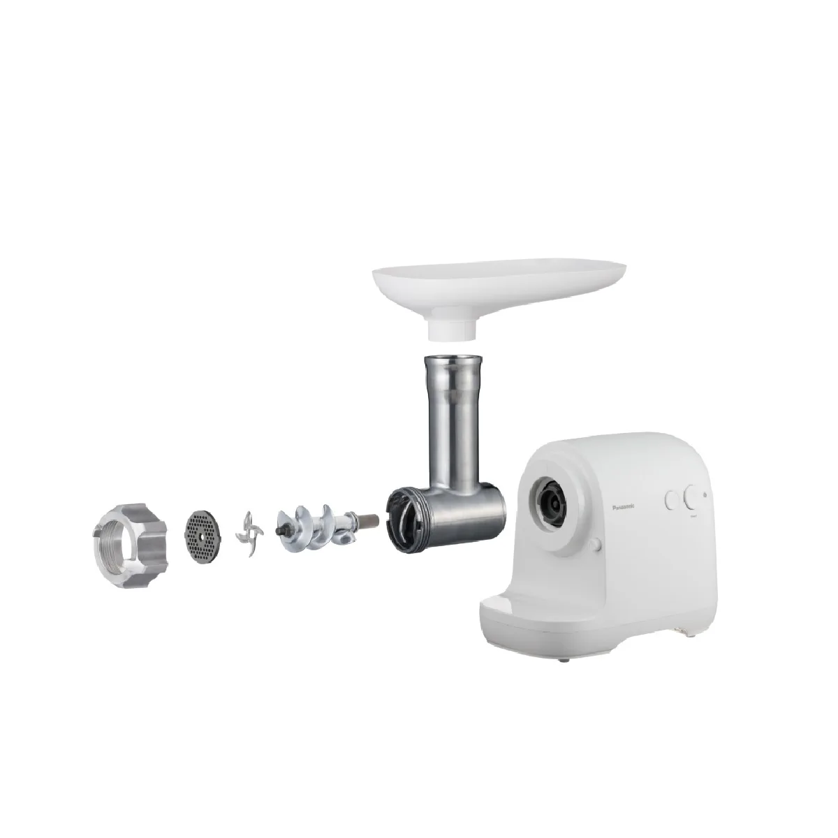 М'ясорубка Panasonic, 1700 Вт, продуктивність 3 кг/хв, 3 насадки, ковбасна насадка, пластиковий корпус, білий колір.