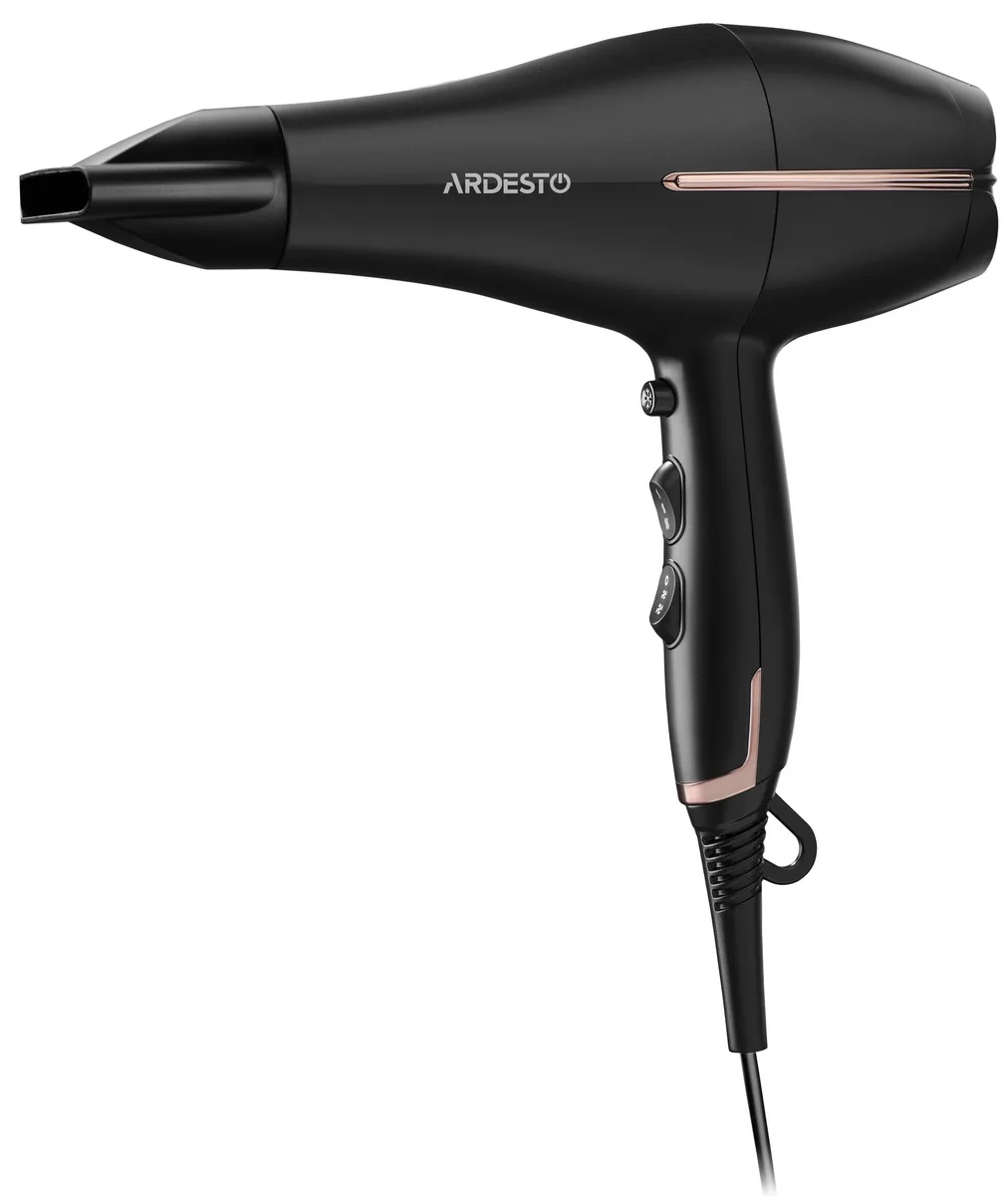 Фен Ardesto HD-Y220PRO, 1850-2200Вт, 2 швидкості, 3 температурні режими, дифузор, чорний з золотими акцентами.