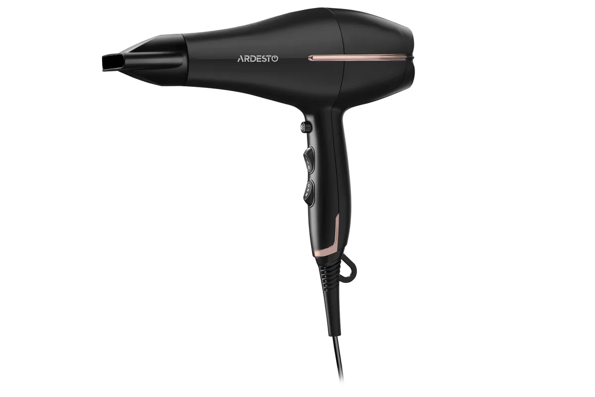 Фен Ardesto HD-Y220PRO, 1850-2200Вт, 2 швидкості, 3 температурні режими, дифузор, чорний з золотими акцентами.