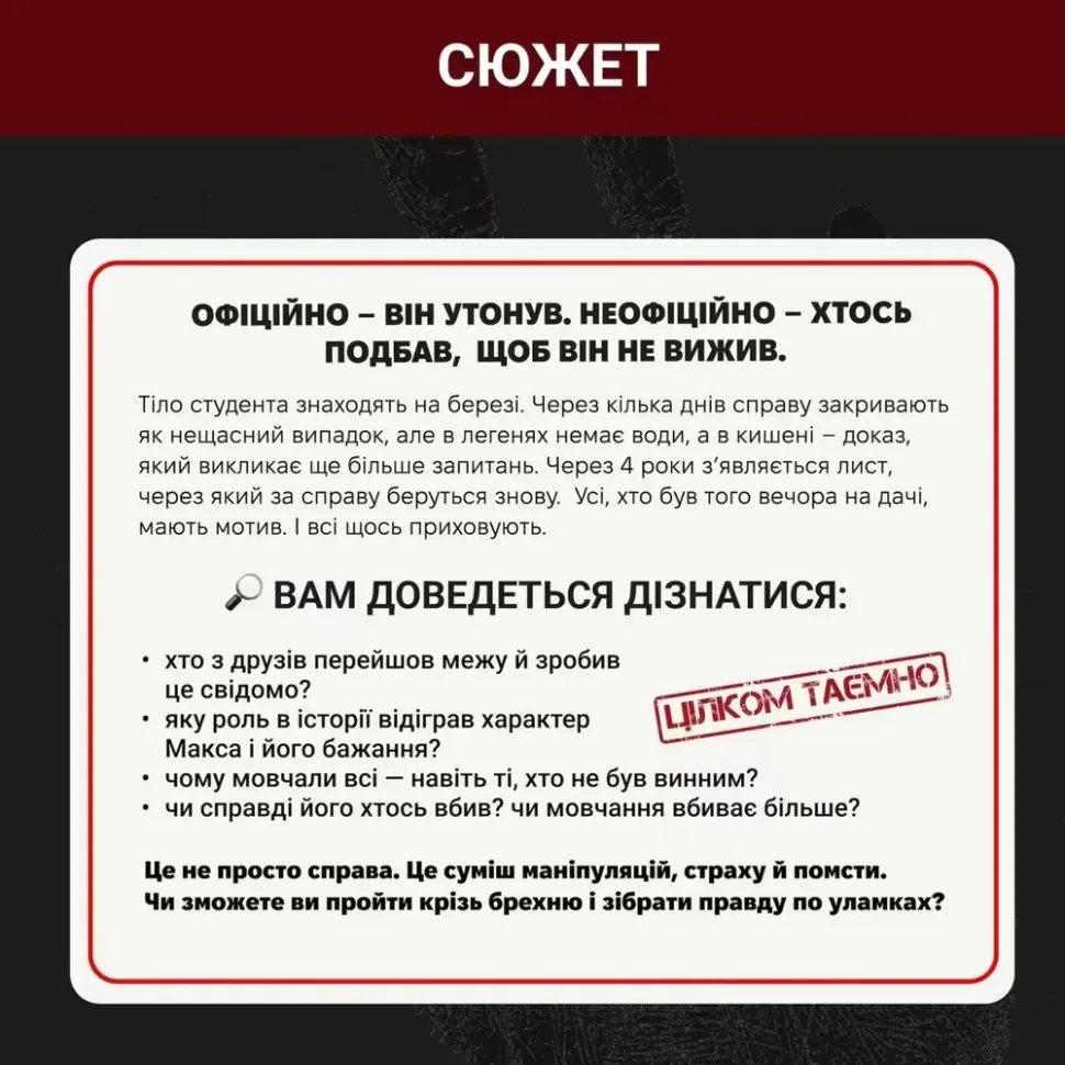 Настільна гра кооперативна детективна 2-6 гравців 40 матеріалів