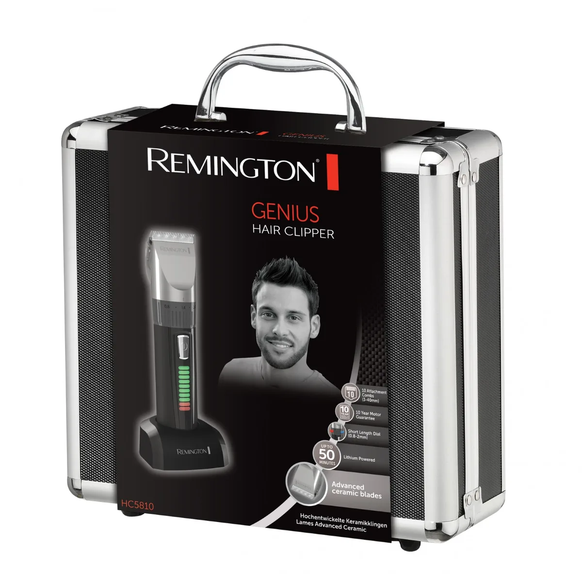 Машинка для стрижки Remington Genius, з можливістю роботи від мережі та акумулятора, 8 насадок у комплекті, кейс, ножиці, гребінец