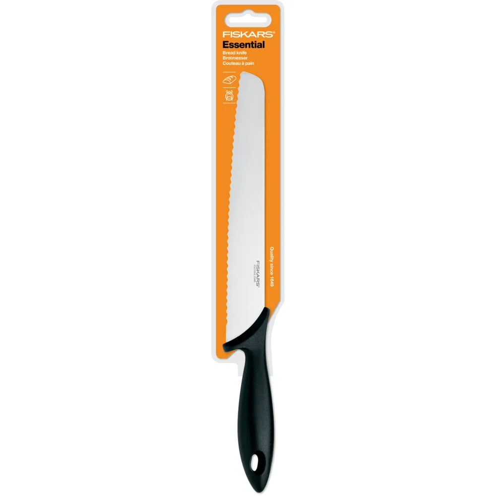 Нож для хлеба Fiskars Essential, 234 см из нержавеющей стали, пластиковой ручкой, черного цвета