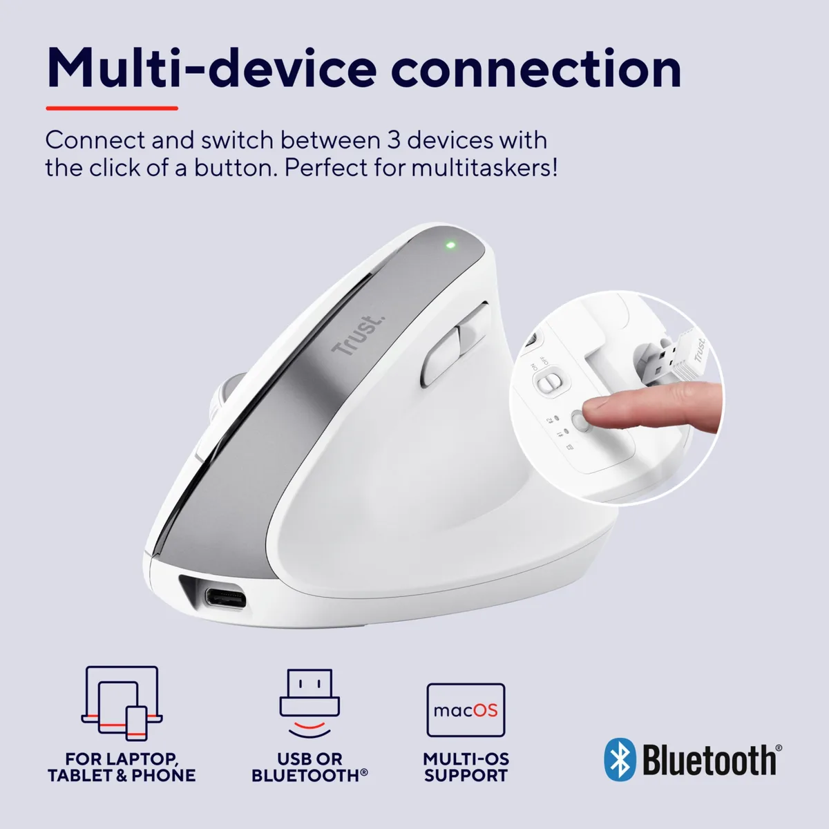 Миша Trust Bayo+ Multidevice Ergonomic, BT/WL/USB-A, біла