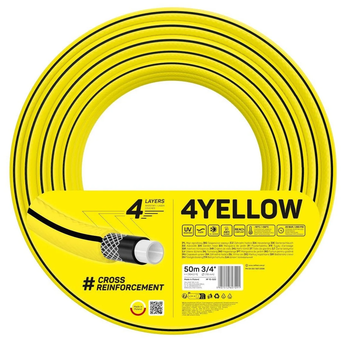 Садовий шланг Cellfast 4YELLOW 3/4" 50м, 4 шари, витримує тиск до 20 бар, температурний діапазон -10...+50°C.