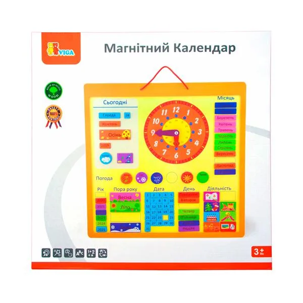 Магнитный календарь Viga Toys деревянный 47х46 см разноцветный с часами
