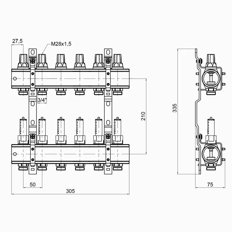Коллектор 1" ICMA K013 6 выходов латунь 305х75х335 мм никель