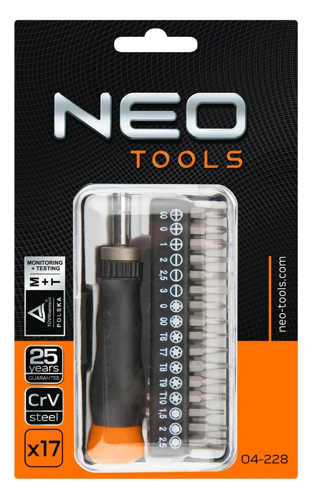 Бітний набір Neo Tools 5/32", прецизійний бітотримач, SL, PH, PZ, T, H, 30 мм, CrV, у кейсі, 17 шт.
