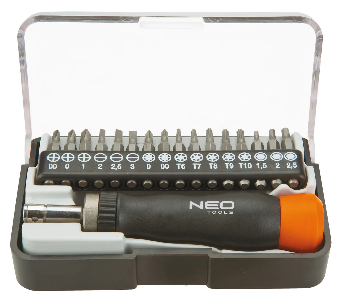 Битный набор Neo Tools 5/32", прецизионный битодержатель, SL, PH, PZ, T, H, 30 мм, CrV, в кейсе, 17 шт
