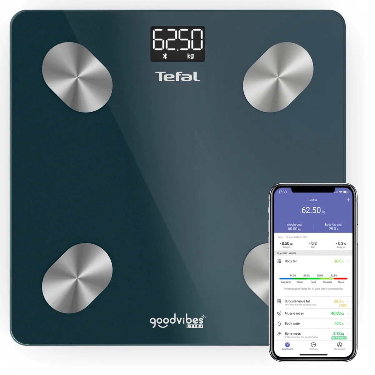 Ваги Tefal підлогові Smart, 180 кг, Bluetooth, живлення від 3-х батарейок AAA, скляний корпус, чорний колір.