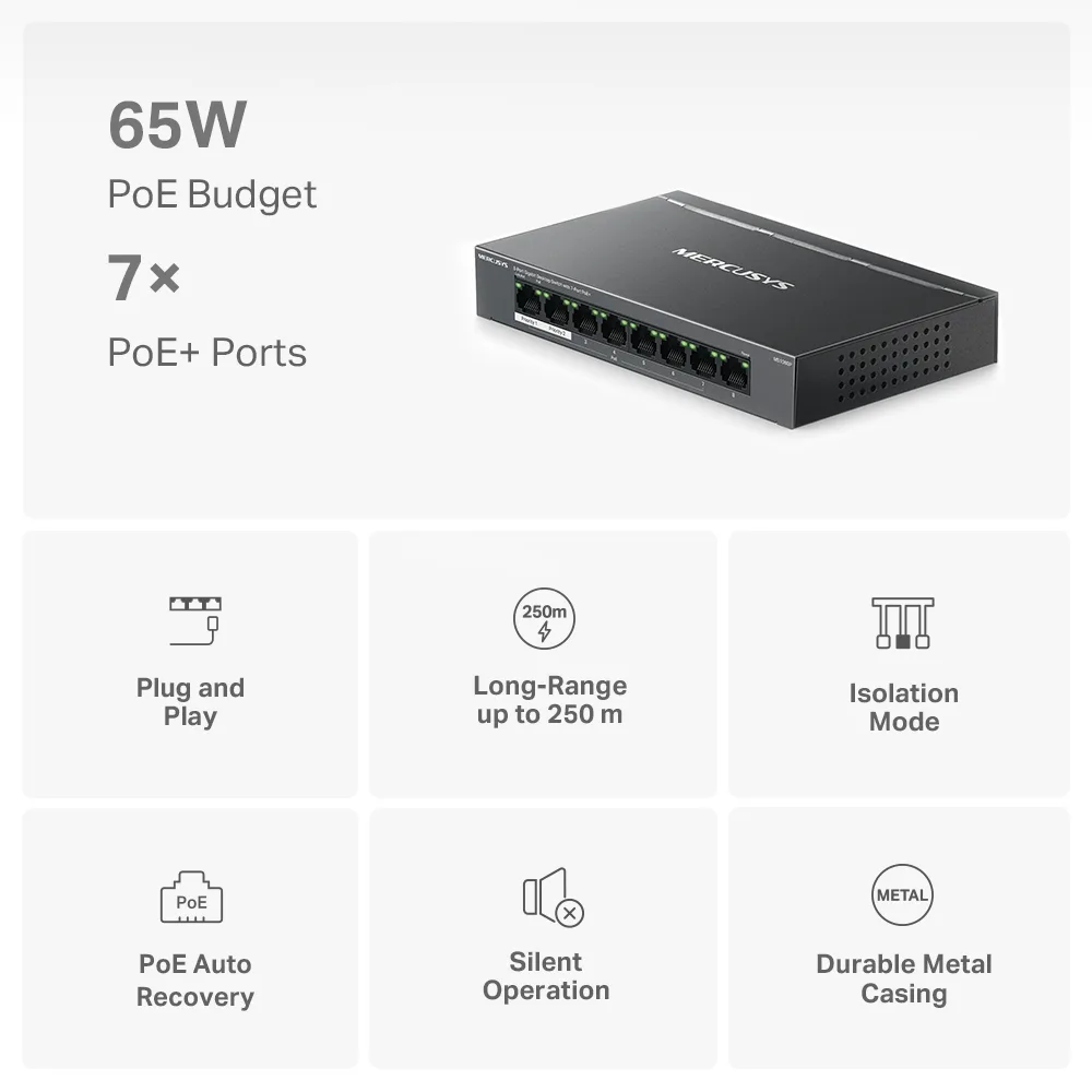 Комутатор MERCUSYS MS108GP 8xGE (7xPoE), 65Вт, Некерований