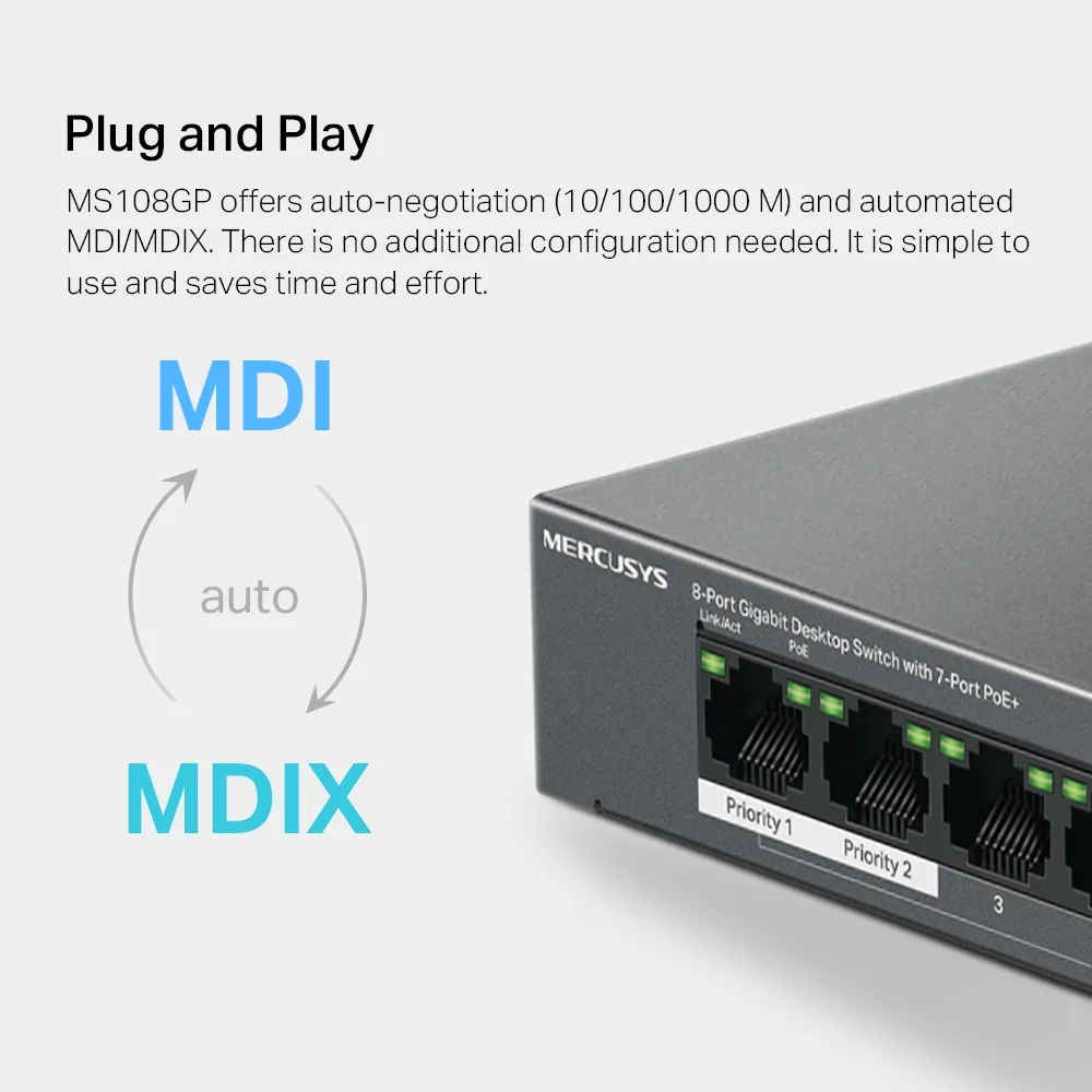 Комутатор MERCUSYS MS108GP 8xGE (7xPoE), 65Вт, Некерований