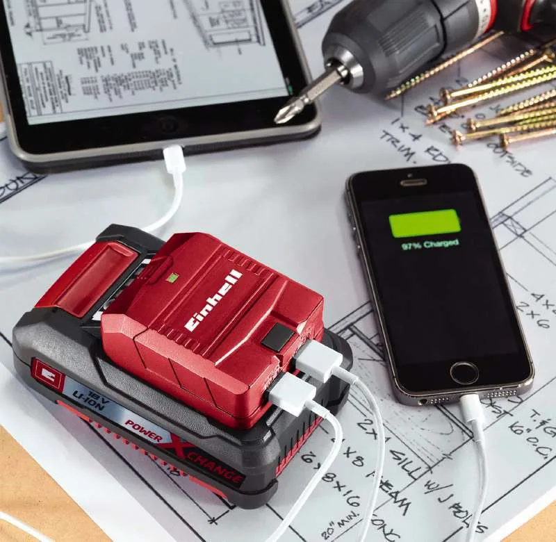 Зарядний адаптер Einhell TE-CP 18 Li USB PXC 18В1А/2.1А з двома USB-портами, вага 0.06кг.