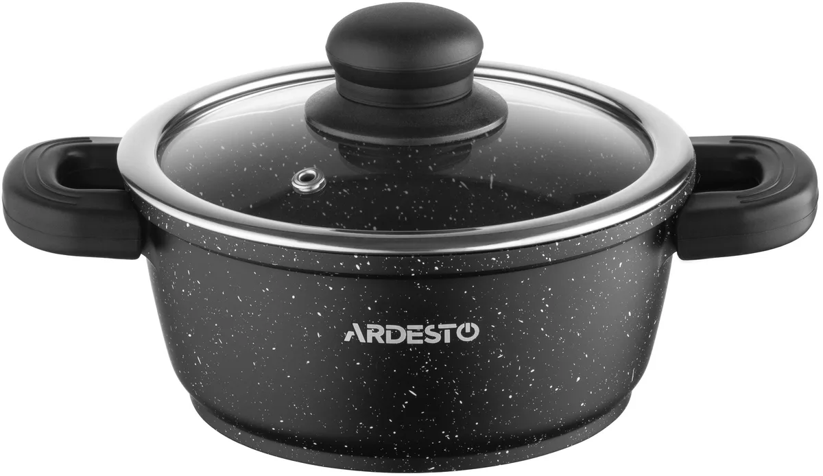 Каструля з прозорою кришкою ARDESTO Gemini Anzio, об'ємом 1.2л, виготовлена з алюмінію, чорного кольору.