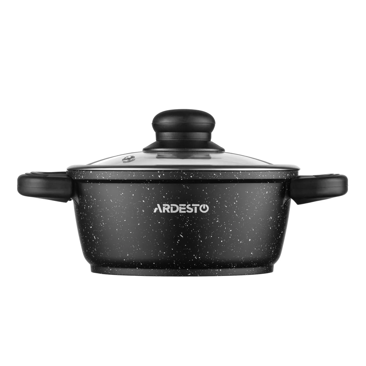 Каструля з прозорою кришкою ARDESTO Gemini Anzio, об'ємом 1.2л, виготовлена з алюмінію, чорного кольору.