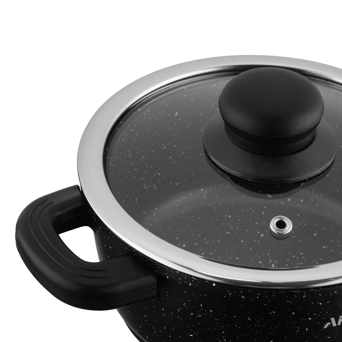 Каструля з прозорою кришкою ARDESTO Gemini Anzio, об'ємом 1.2л, виготовлена з алюмінію, чорного кольору.