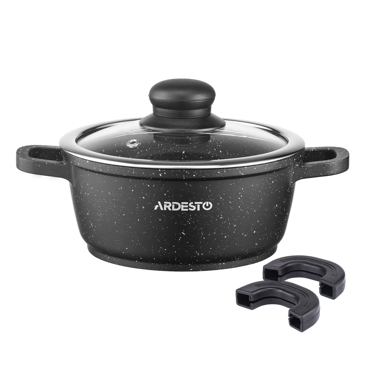 Каструля з прозорою кришкою ARDESTO Gemini Anzio, об'ємом 1.2л, виготовлена з алюмінію, чорного кольору.