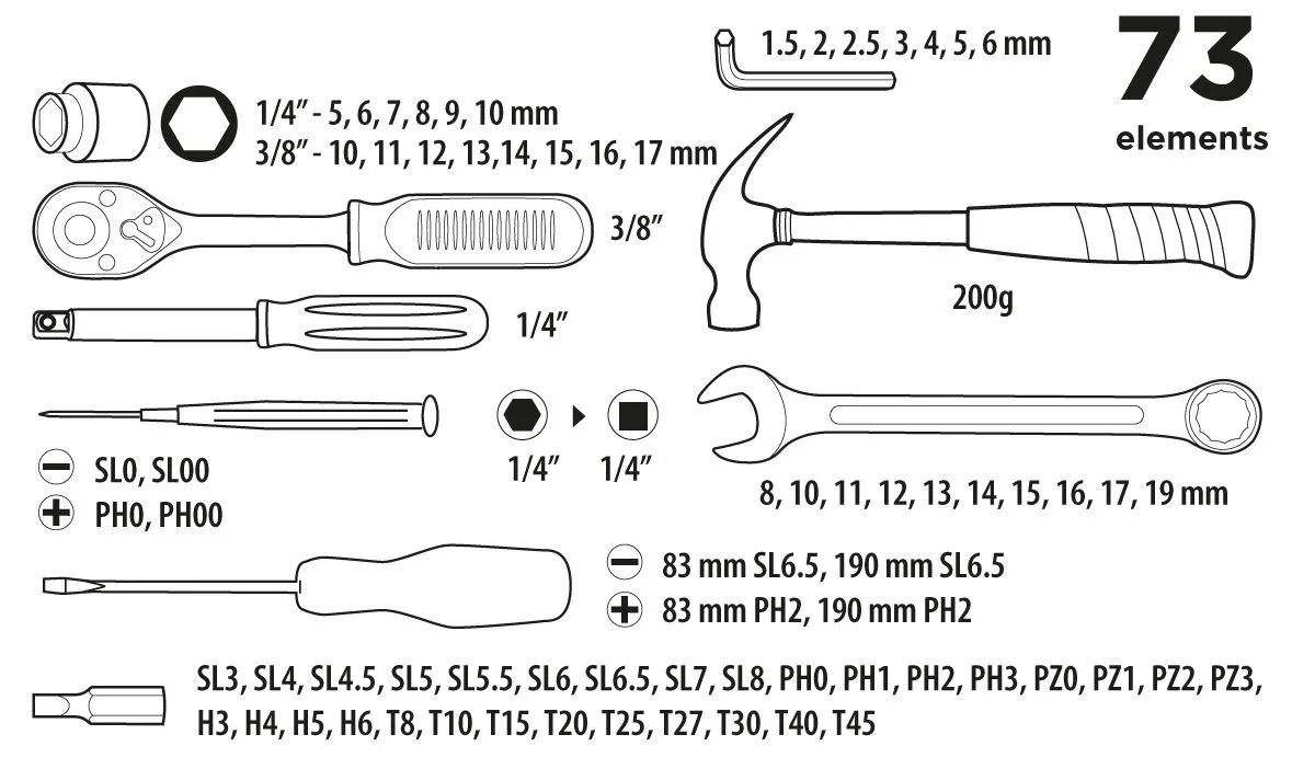 Набір інструментів Top Tools, 1/4", 3/8", універсальний, 73шт