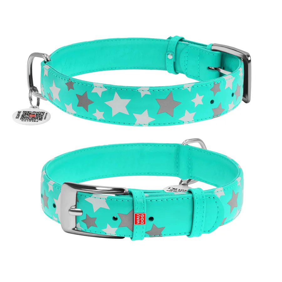 Нашийник WAUDOG Glamour шкіряний світловідбивний XL 35 мм 46-60 см ментоловий Зірочка