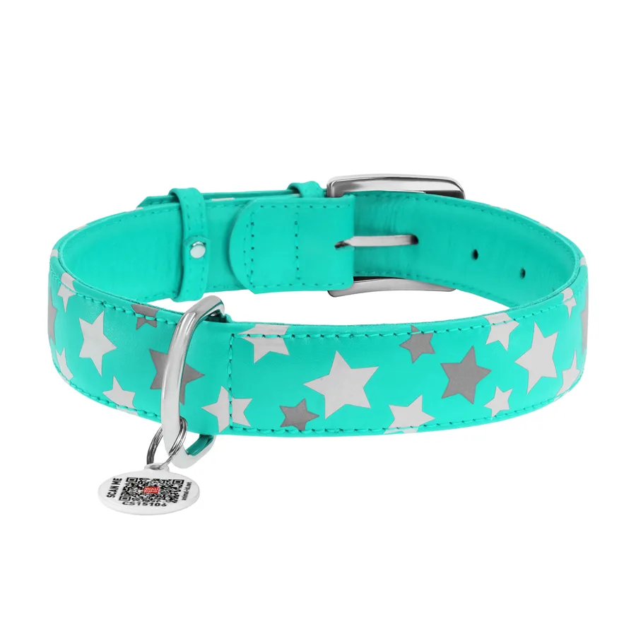 Нашийник WAUDOG Glamour шкіряний світловідбивний XL 35 мм 46-60 см ментоловий Зірочка