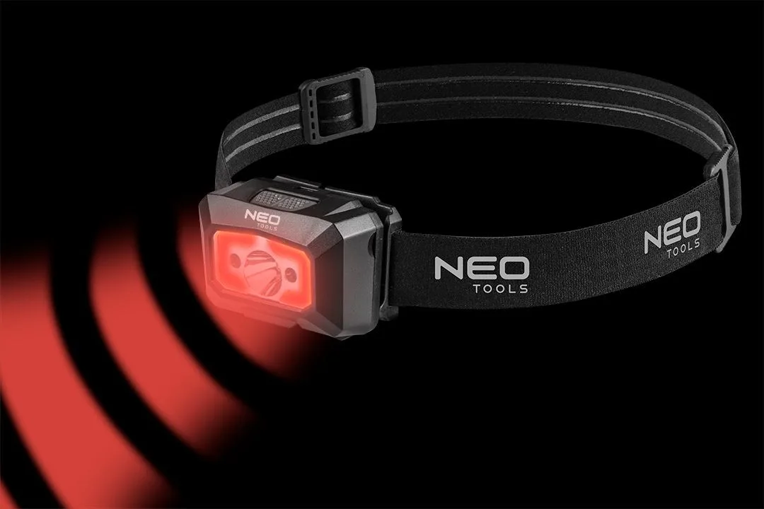 Ліхтар налобний акумуляторний Neo Tools, 1200мА·год, 250лм, 3Вт, 5 функцій освітлення, червоне світло, датчик руху, індикатор заряду
